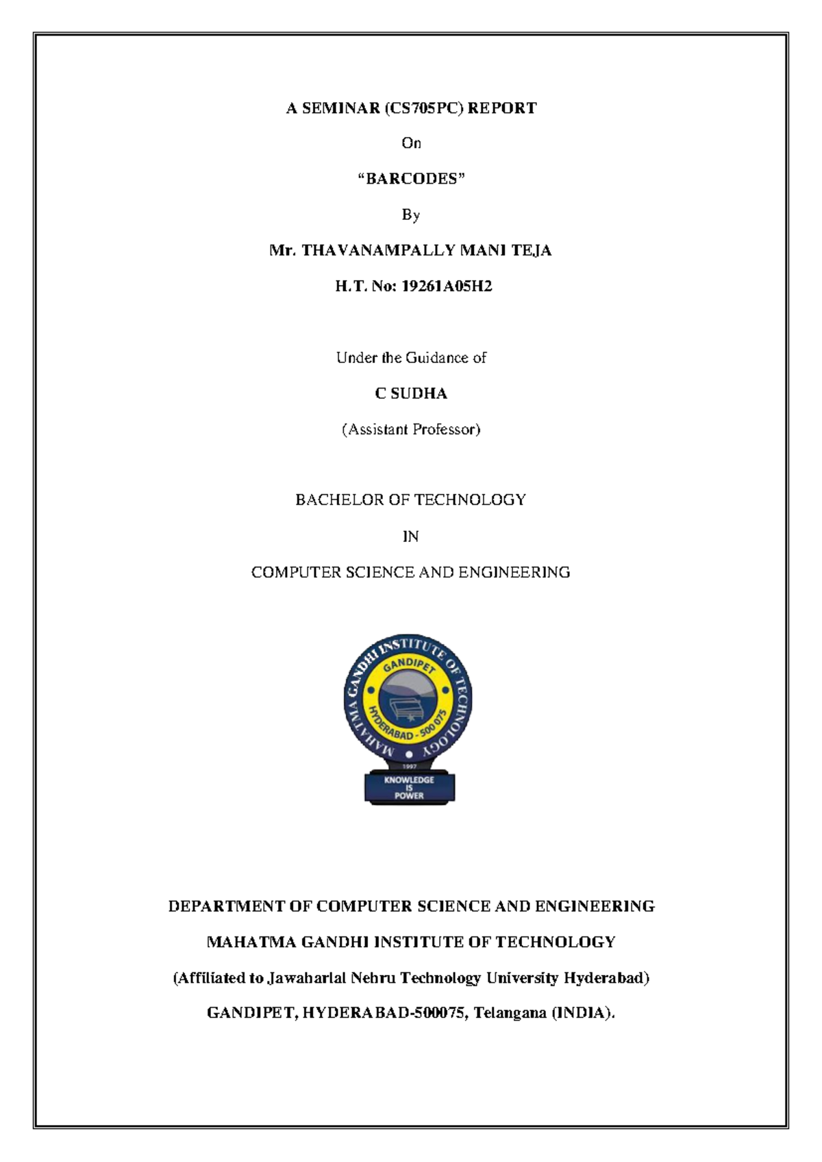 Seminar Report Barcodes - A SEMINAR (CS705PC) REPORT On