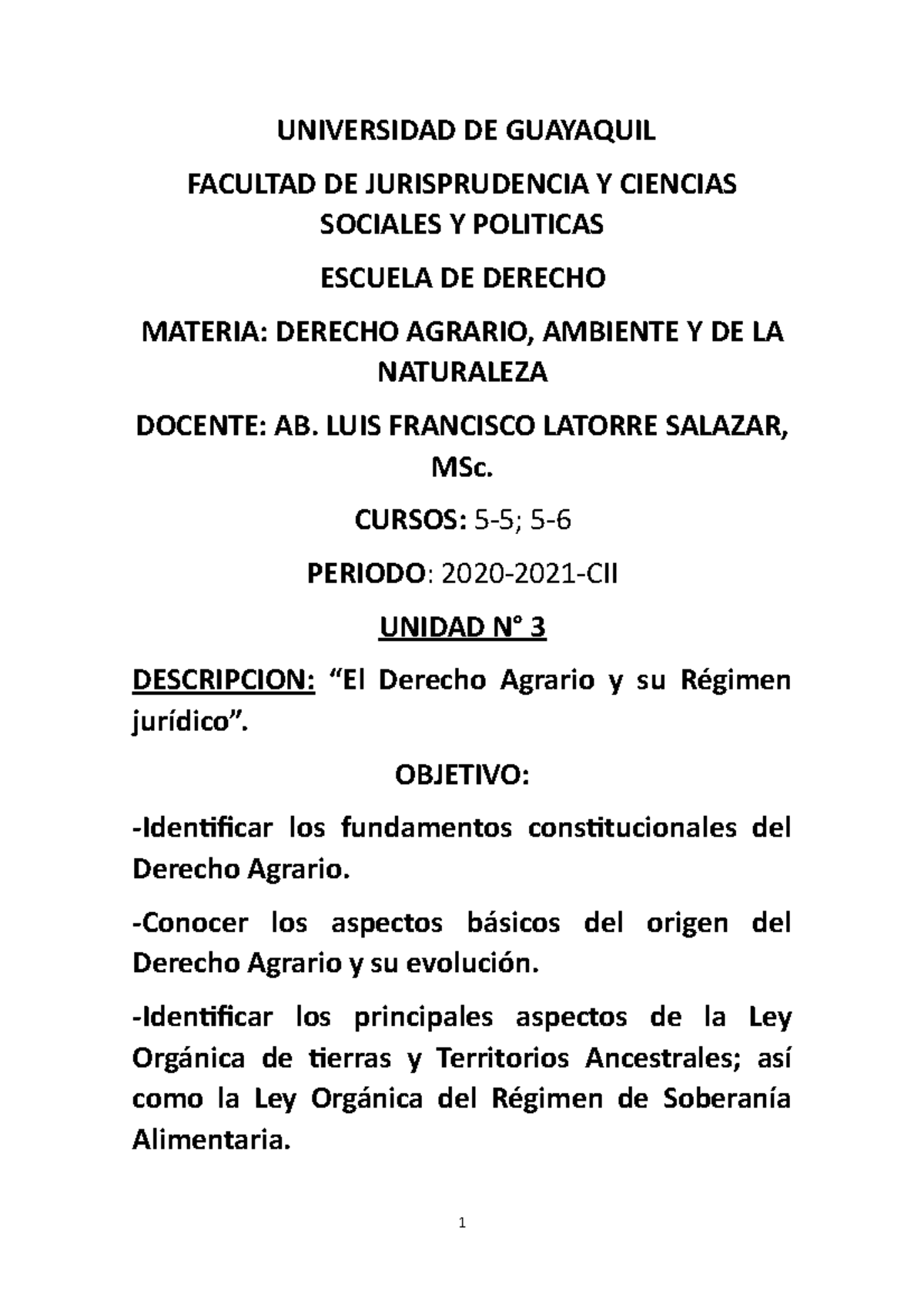 Derecho Agrario, Unidad N° 3 Evolucion El Derecho Agrario - UNIVERSIDAD ...