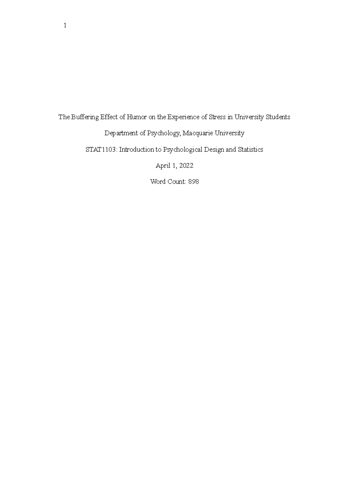 STAT1103 Assignment - The Buffering Effect of Humor on the Experience ...