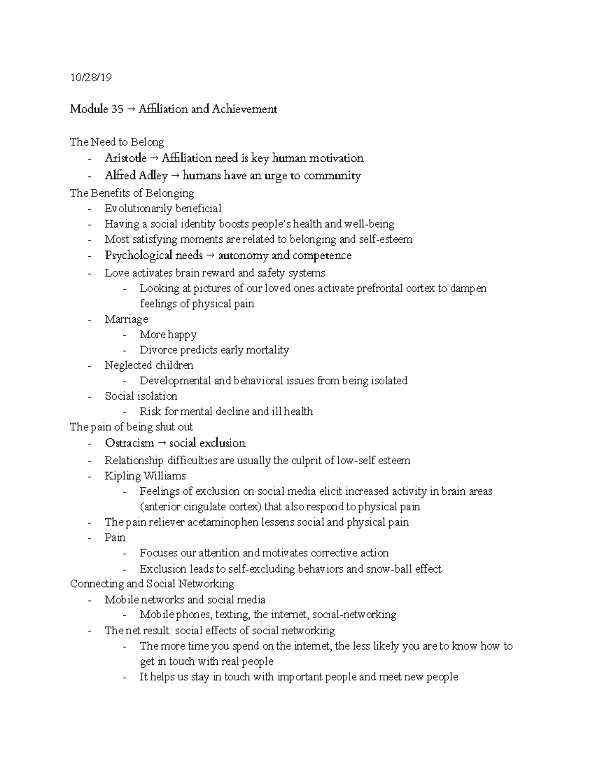 Psych Notes Unit 3 - 10/28/ Module 35 → Affiliation and Achievement The ...
