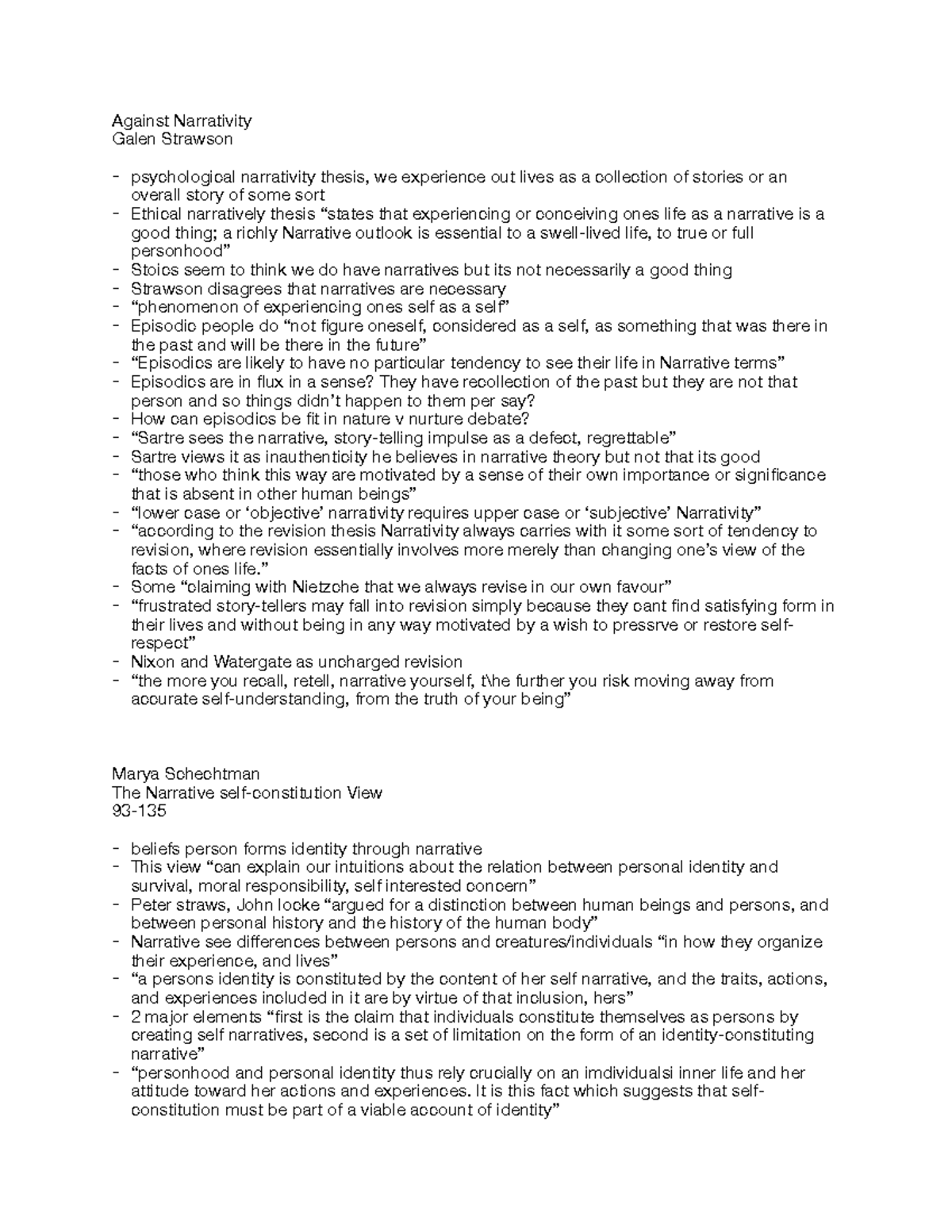 Phil375 1 - Notes on readings - Against Narrativity Galen Strawson ...