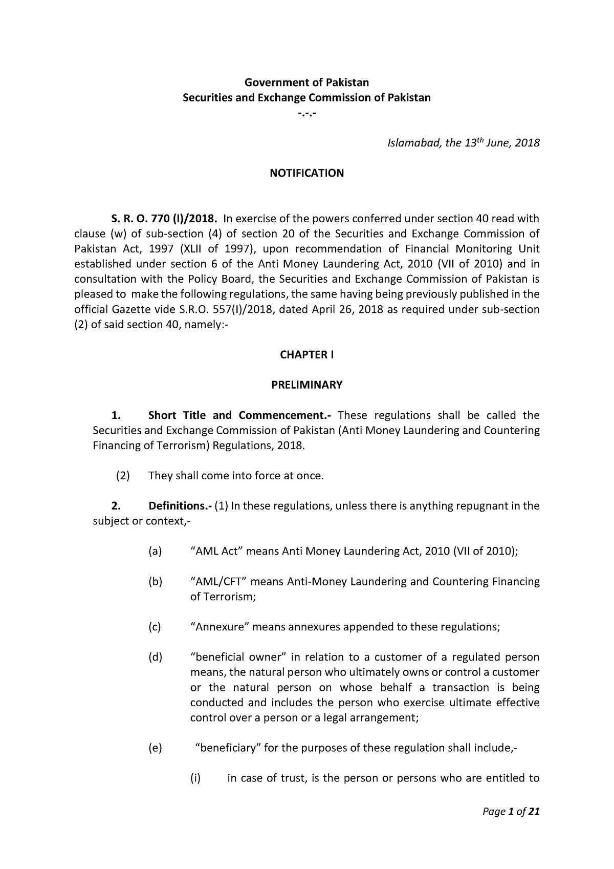 SECP AML-CFT Regulations, 2018 - Government of Pakistan Securities and ...