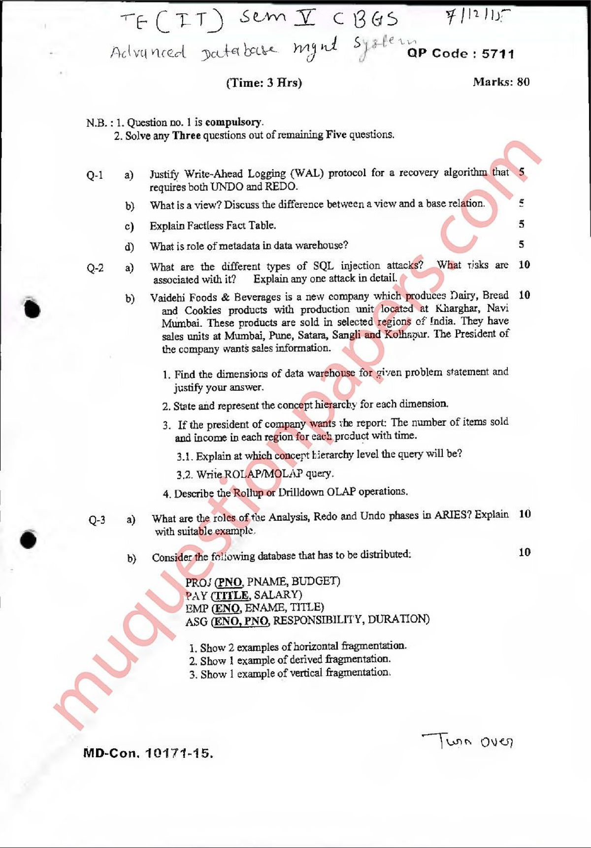 TE-IT SEM5 Adbms DEC15 - Previous Year QP of ADMT - Bachelor of ...