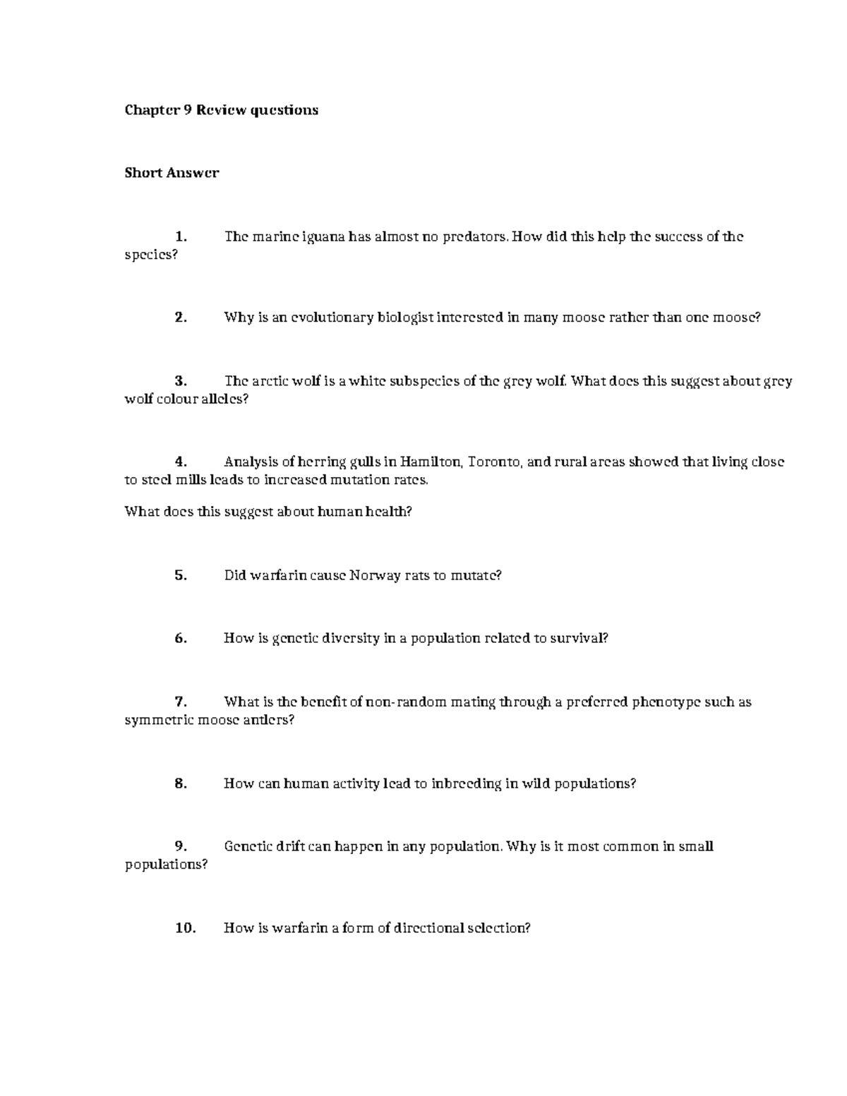 Bio 11 Chapter 9 Review - Chapter 9 Review questions Short Answer 1 ...