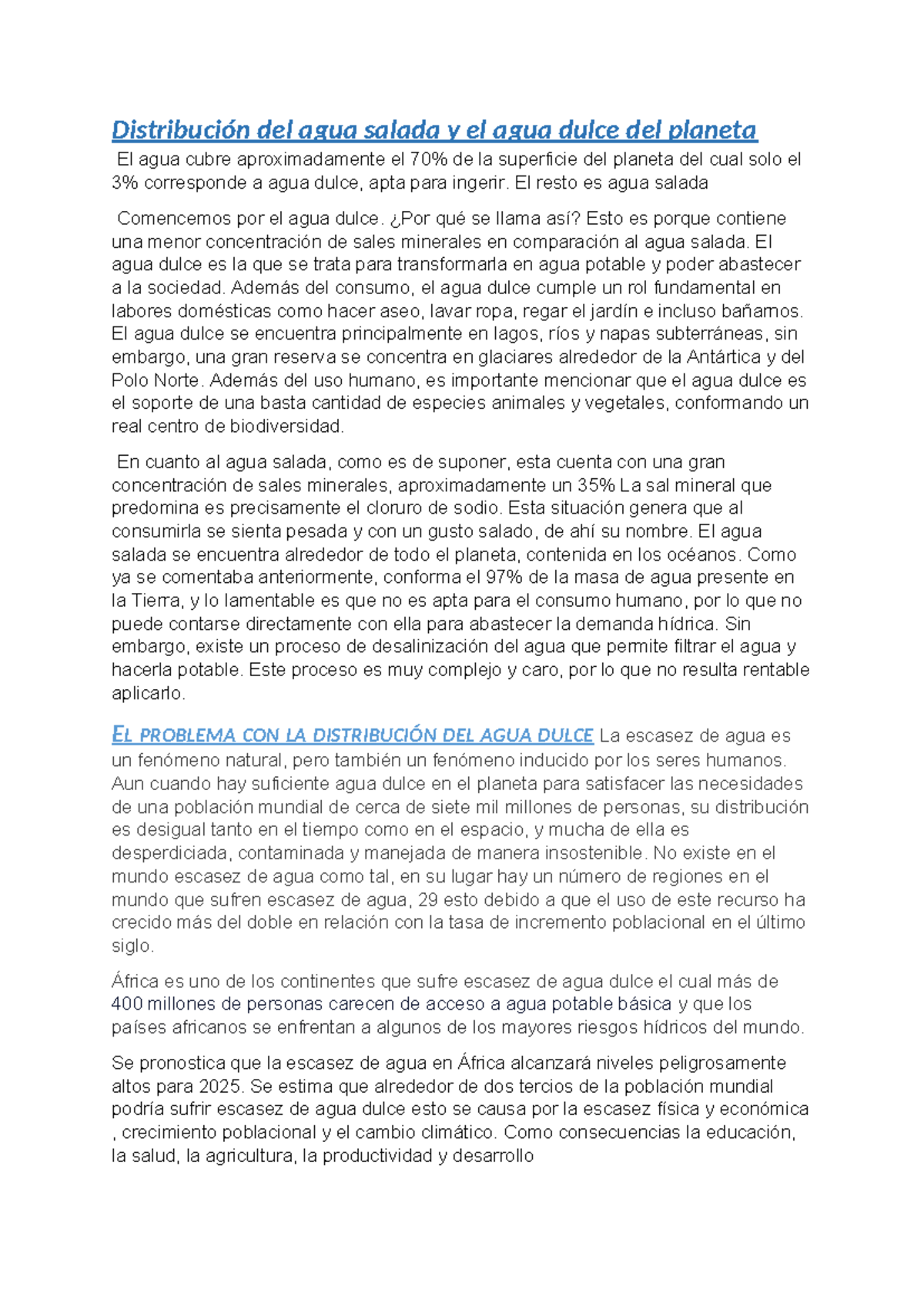 Distribución de el agua salada y el agua dulce del planeta ...