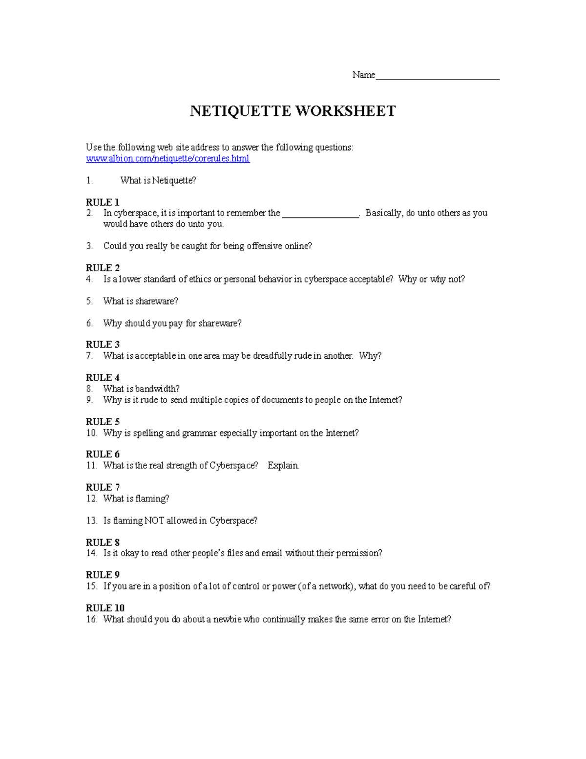 Netiquetteworksheet 3 - Name__________________________ NETIQUETTE ...