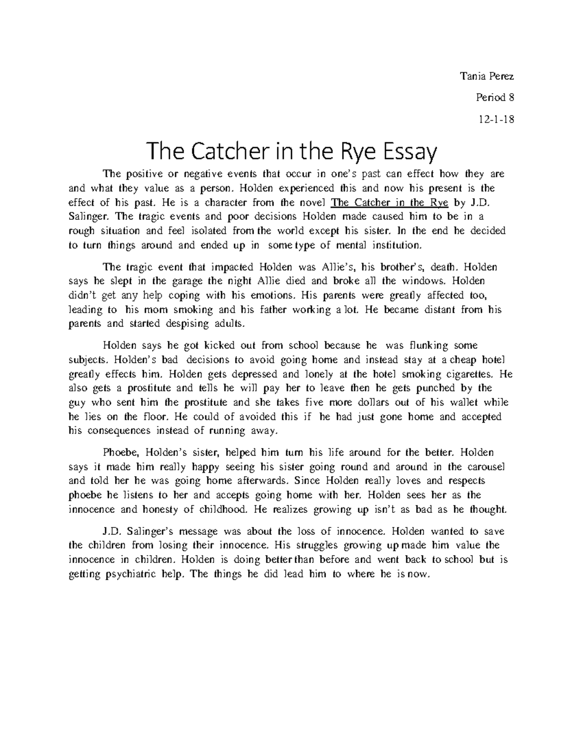 catcher in the rye coming of age essay