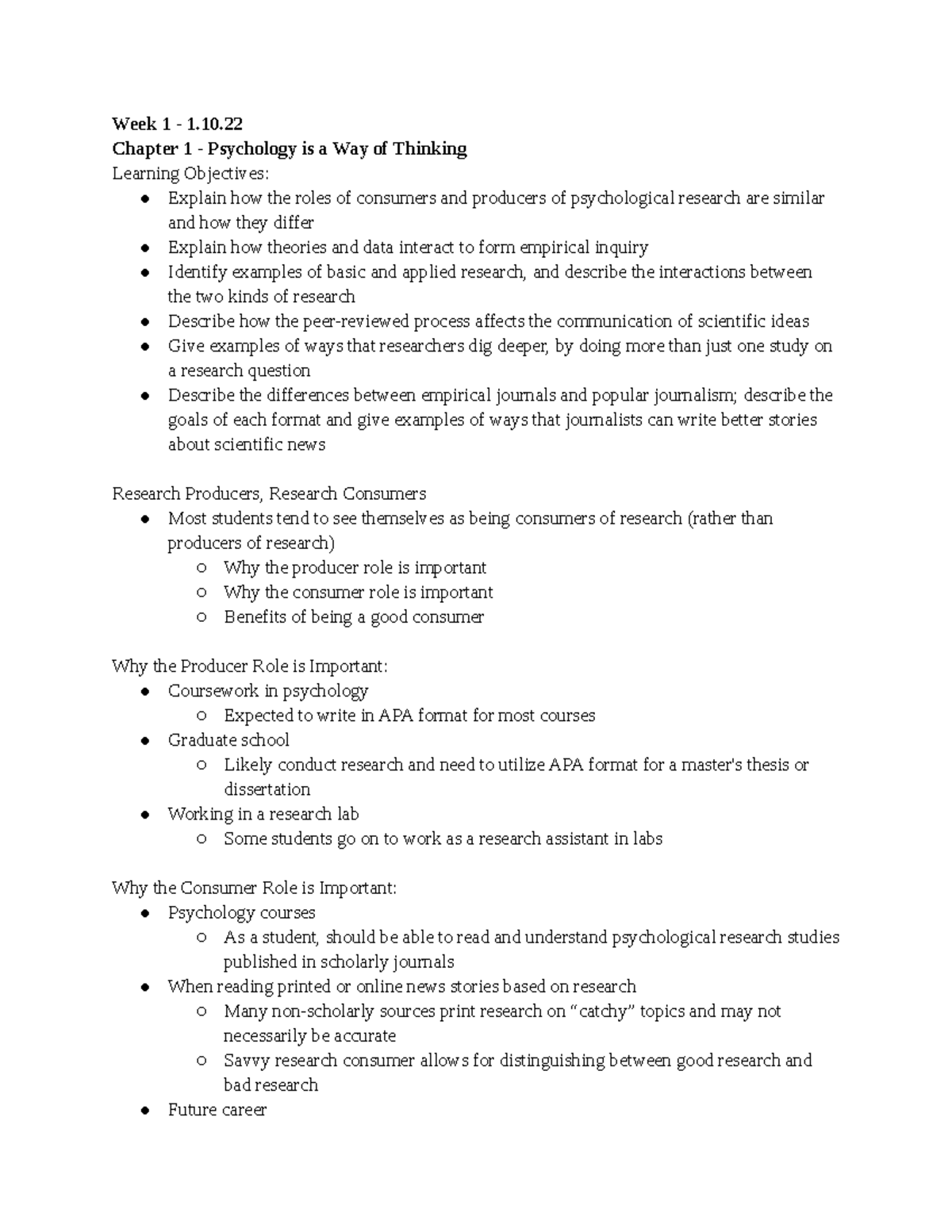 PSY 290 Notes - Week 1 - 1. Chapter 1 - Psychology Is A Way Of Thinking Learning Objectives ...