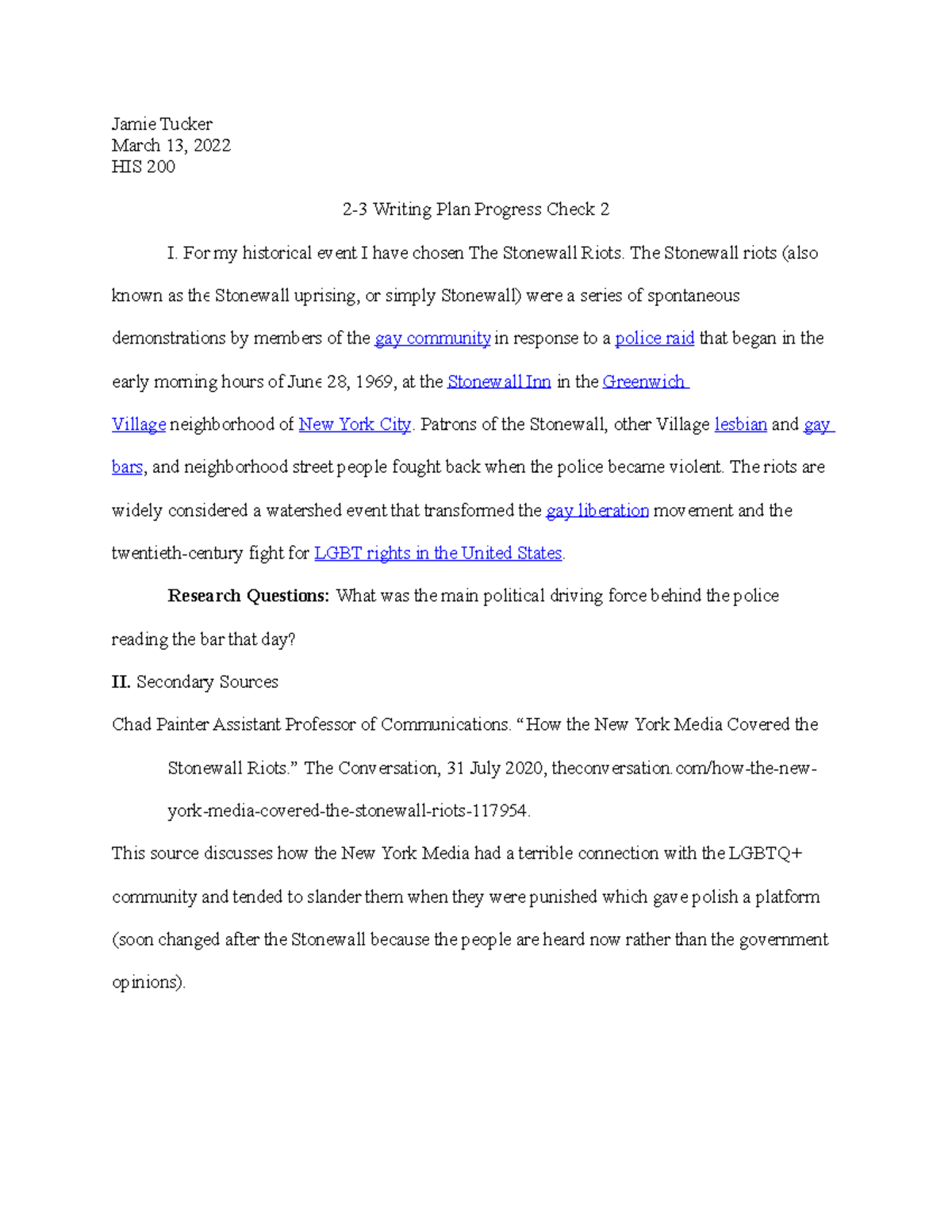 23 Writing Plan Progress Check For my historical event I have chosen