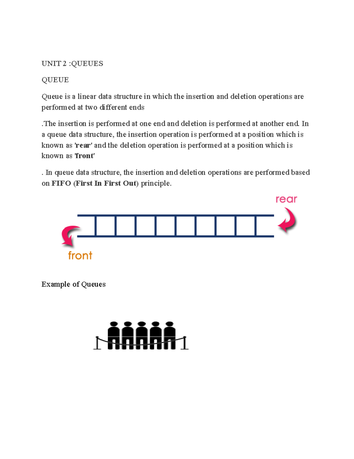 Queue - UNIT 2 :QUEUES QUEUE Queue is a linear data structure in which ...