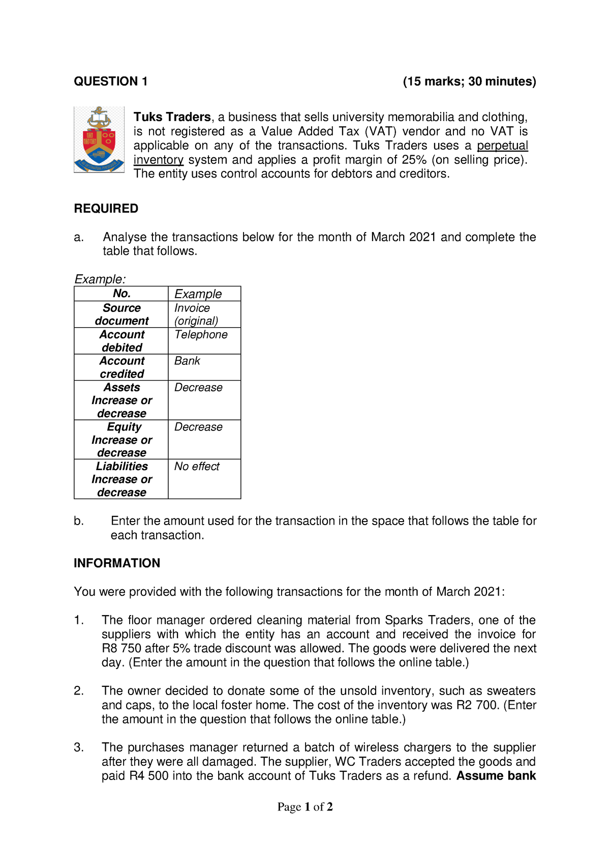 FRK 111 2021 MT1(B) Question 1 - Page 1 Of 2 QUESTION 1 (15 Marks; 30 ...