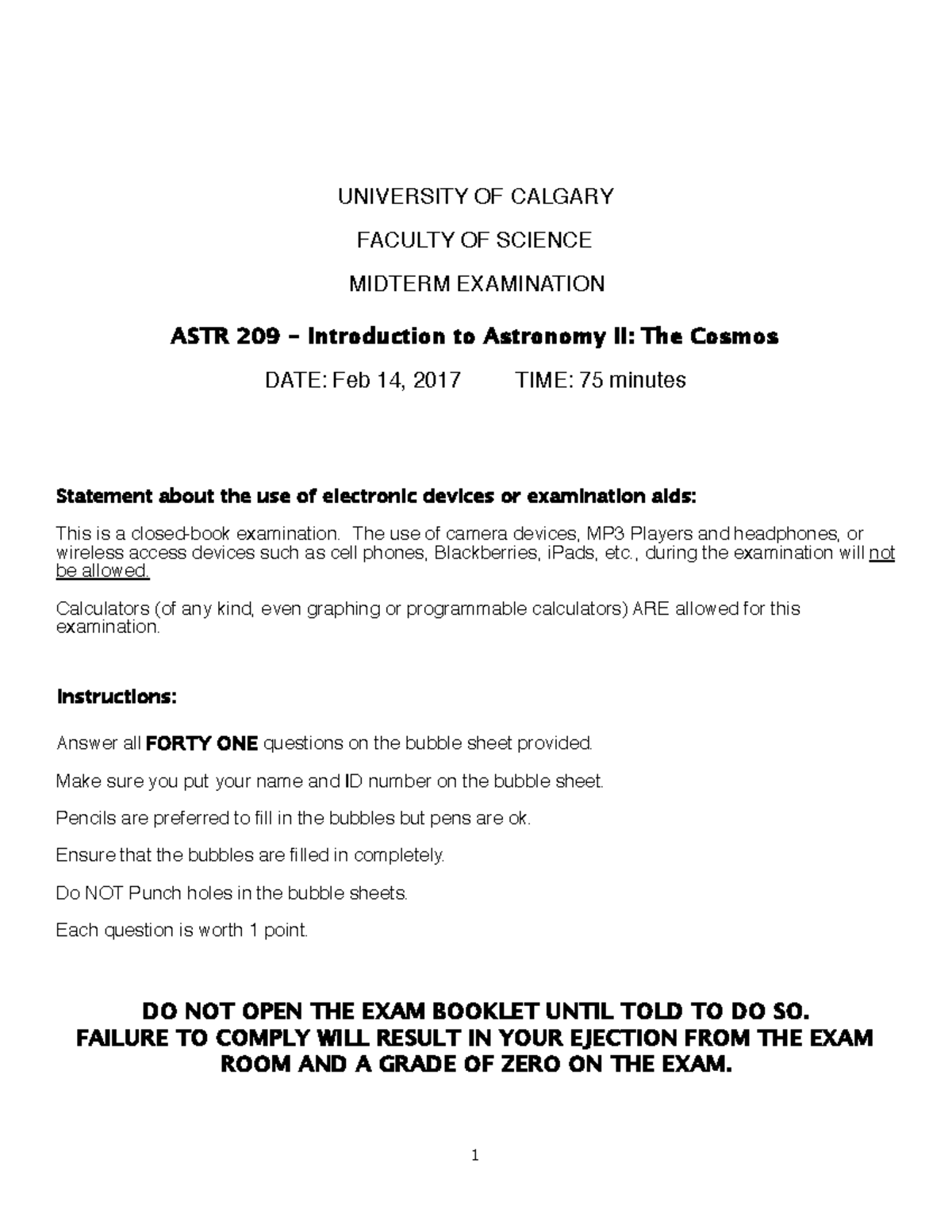 Midterm 1 Version A - UNIVERSITY OF CALGARY FACULTY OF SCIENCE MIDTERM ...