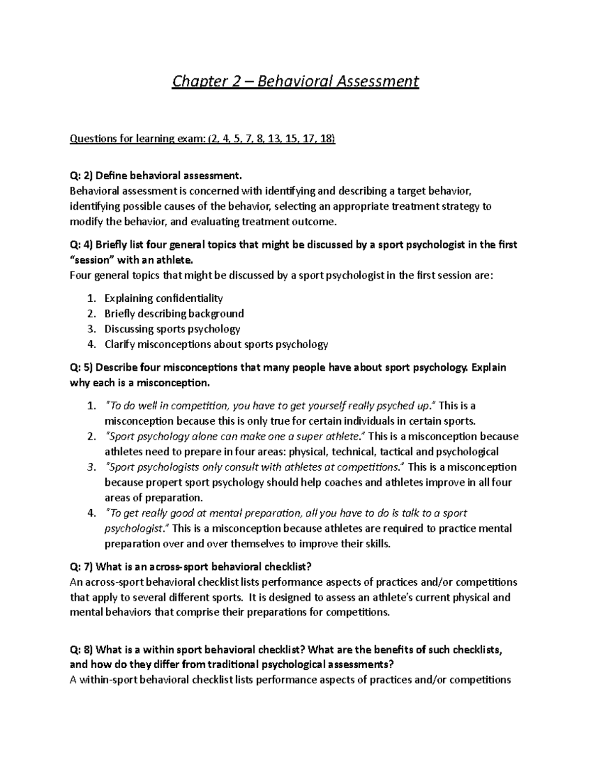 Behavioral Assessment Questions for Learning Exam - Studocu