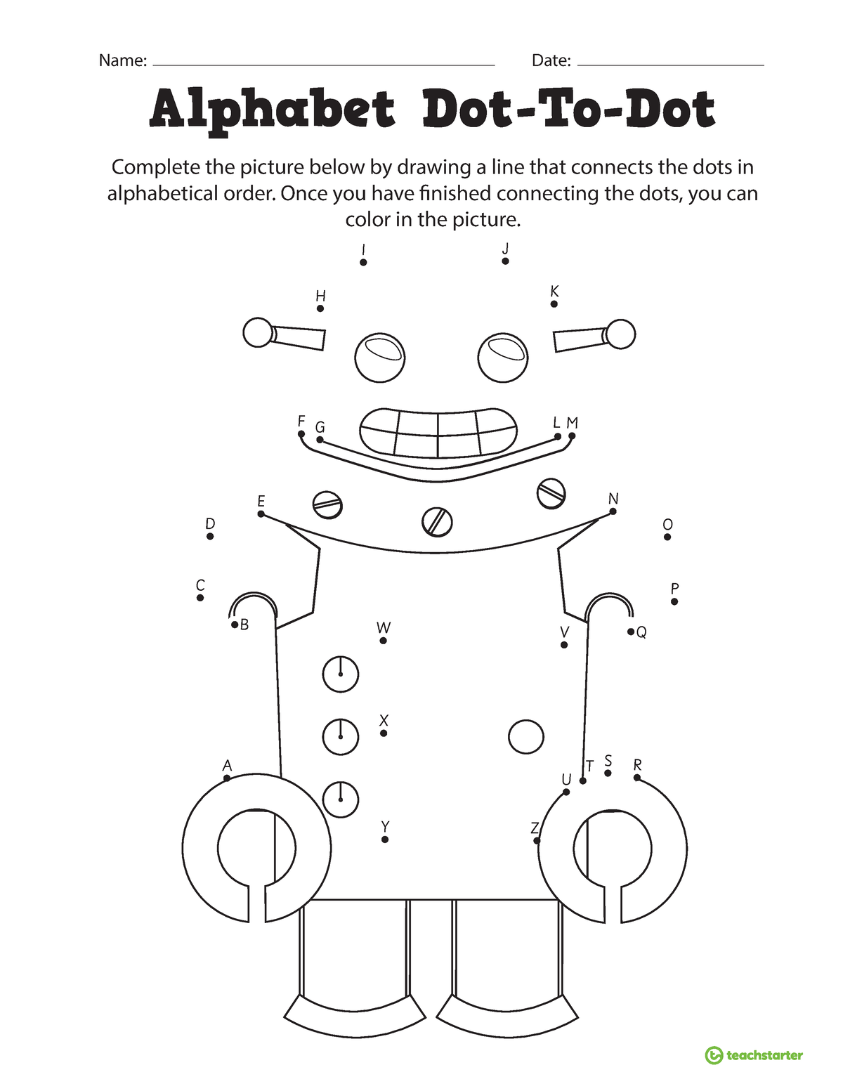 Connectthe Dots Printable Alphabet Worksheet Robot Themed Adobe Reader ...