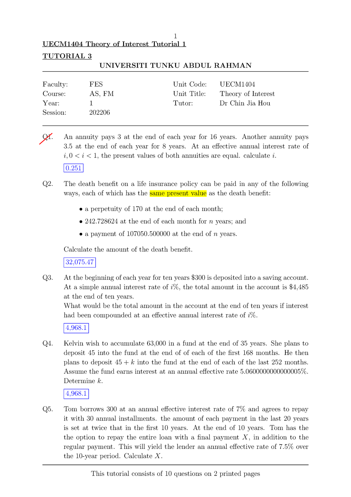 202206 UECM1404T03 - Theory Of Interest Tutorial - 1 UECM1404 Theory Of ...