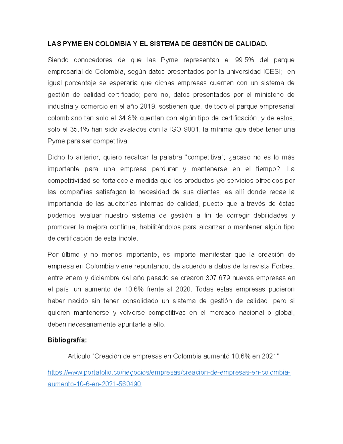 AA1-Ev2 Ensayo - LAS PYME EN COLOMBIA Y EL SISTEMA DE GESTIÓN DE ...