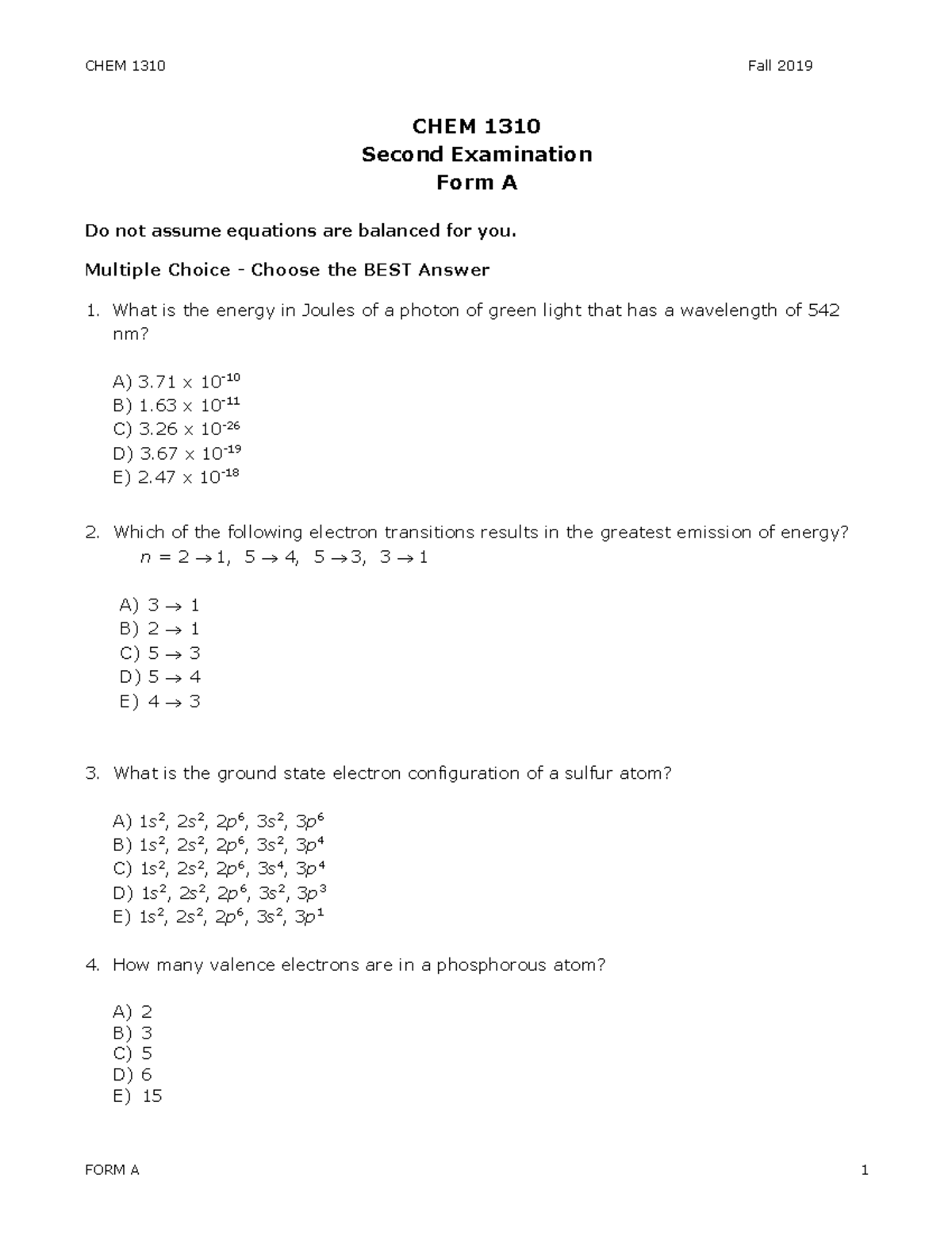 CHEM 1310 Exam 2 Form A - Practice Exam Questions - CHEM 1310 Second ...