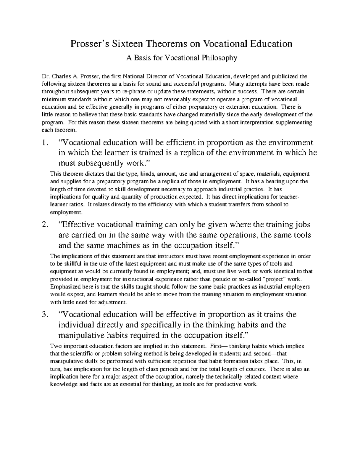 16 vocational Theory by Charles Prosser - Prosser’s Sixteen Theorems on