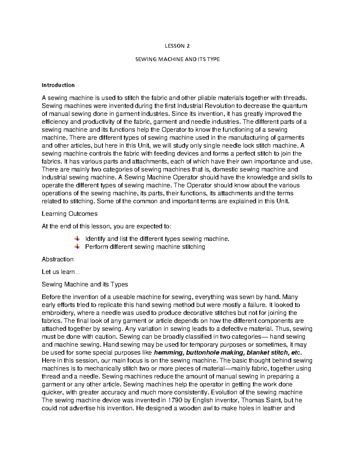 Lesson 2 clothing construction file LESSON 2 SEWING MACHINE AND ITS
