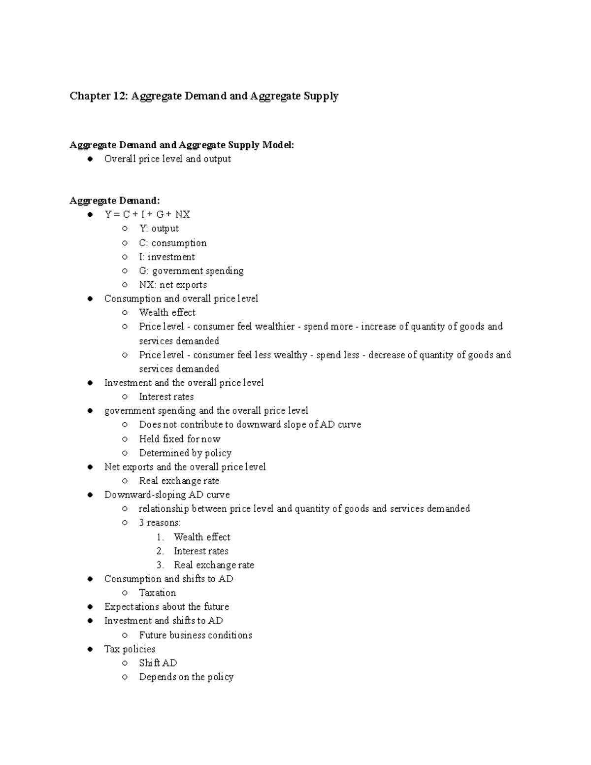 ECO1102 Study Notes Ch 12 - Chapter 12: Aggregate Demand And Aggregate ...