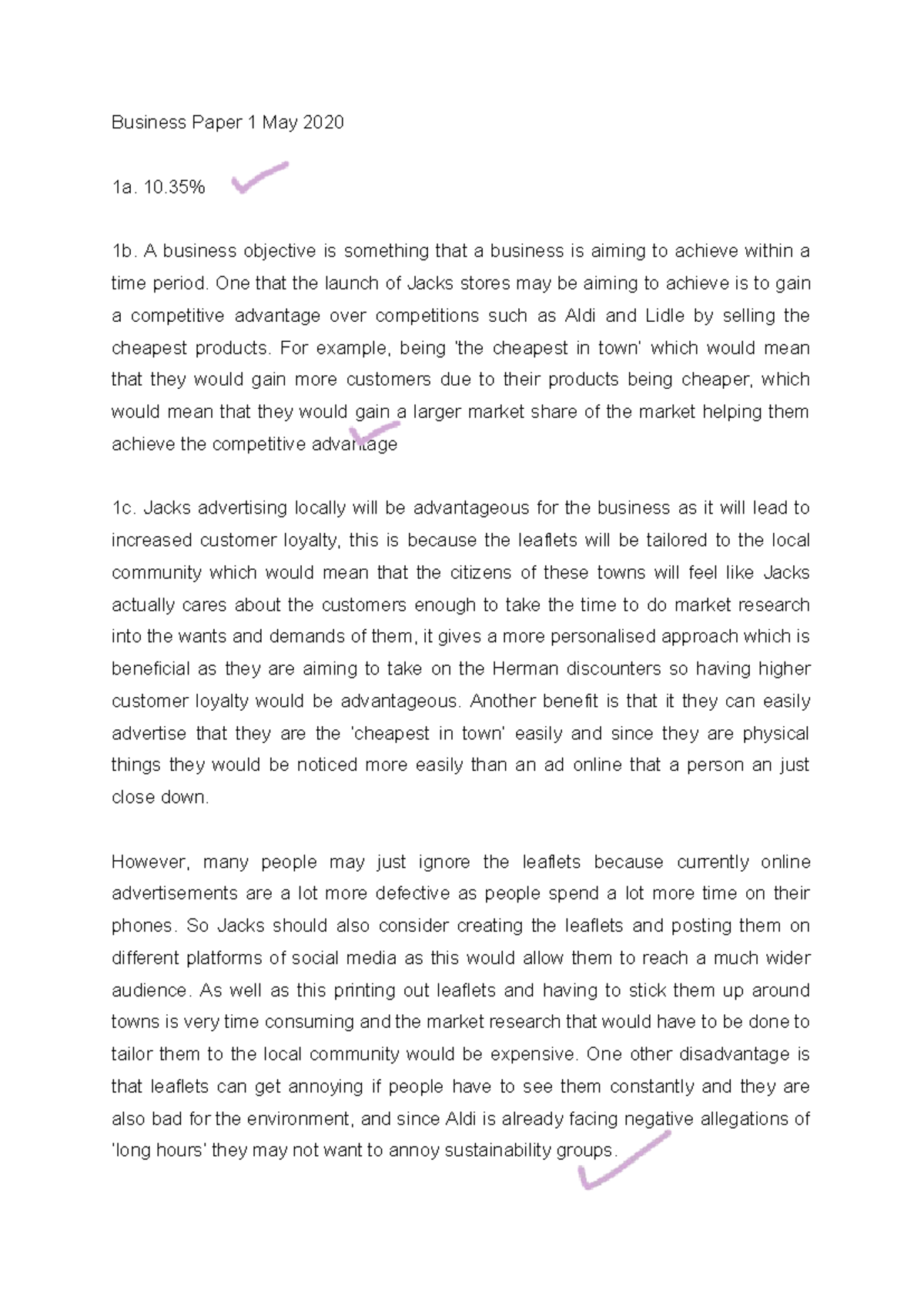 Business Paper 1 May 2020 - Business Paper 1 May 2020 1a. 10% 1b. A ...
