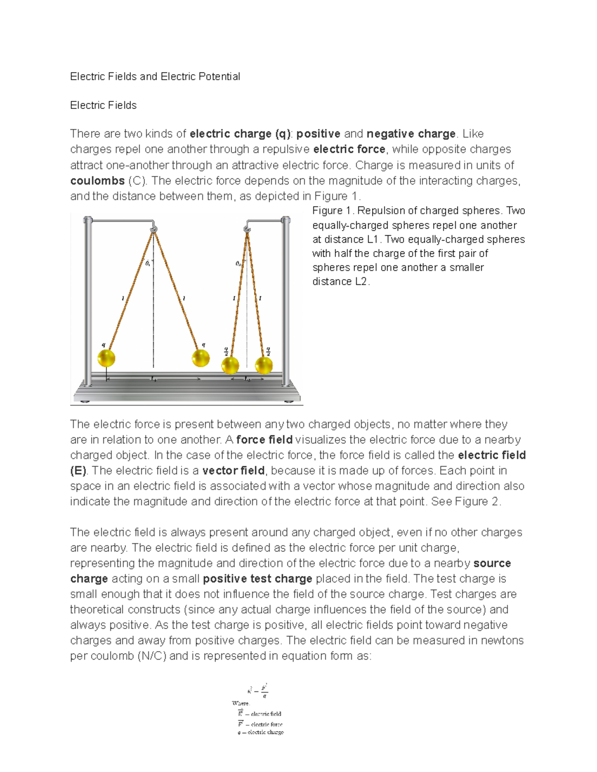 Phys Lab Notes - Electric Fields and Electric Potential Electric Fields ...