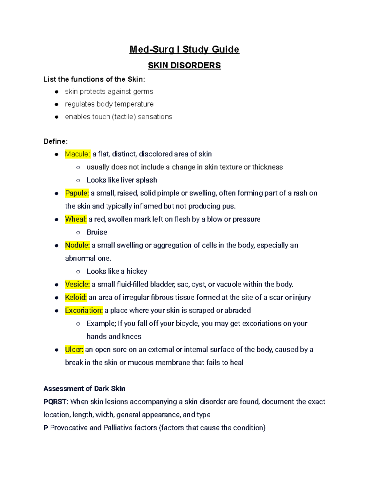 MED SURG I Study Guide Notes MedSurg I Study Guide SKIN DISORDERS