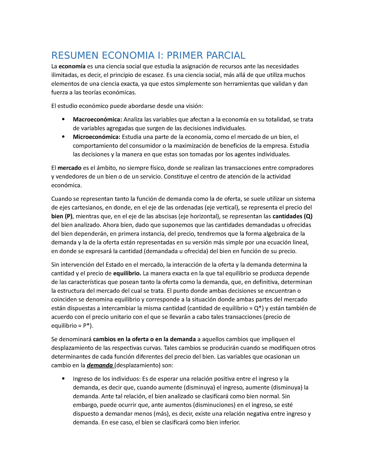 Resumen Economia I - Parcial 1 - Economía I - Siglo 21 - Studocu