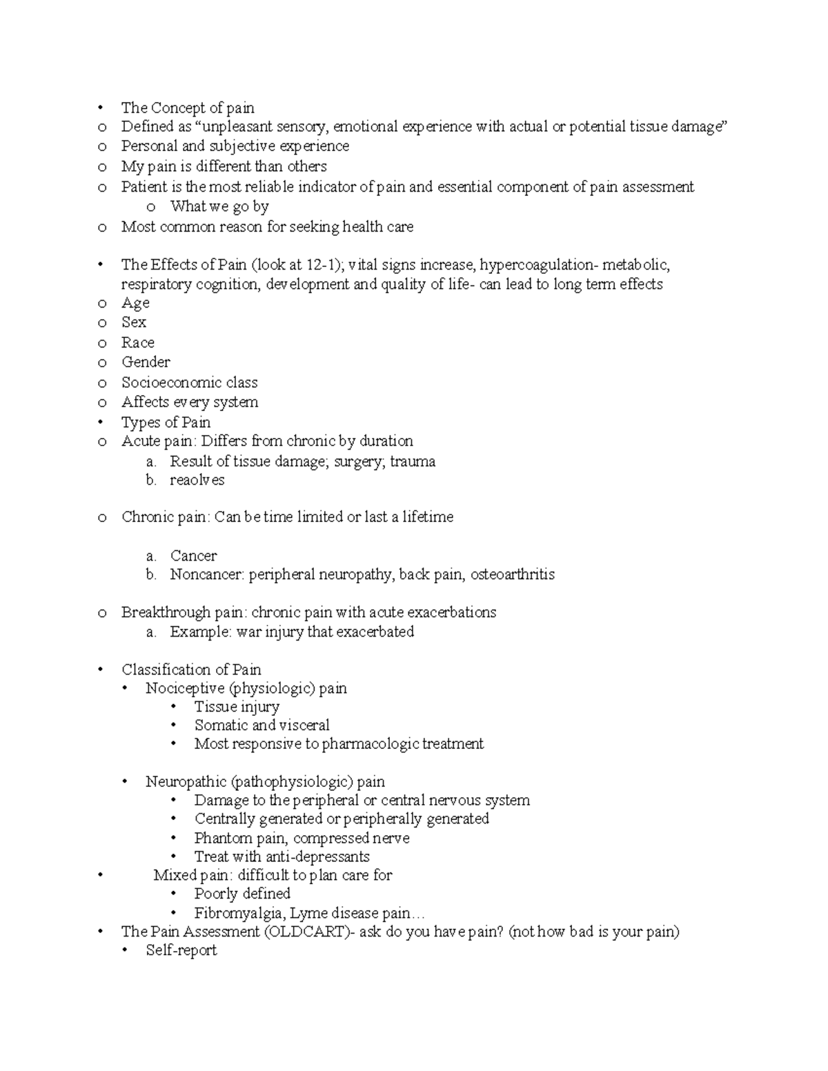 Module 1 lecture notes - The Concept of pain o Defined as “unpleasant ...
