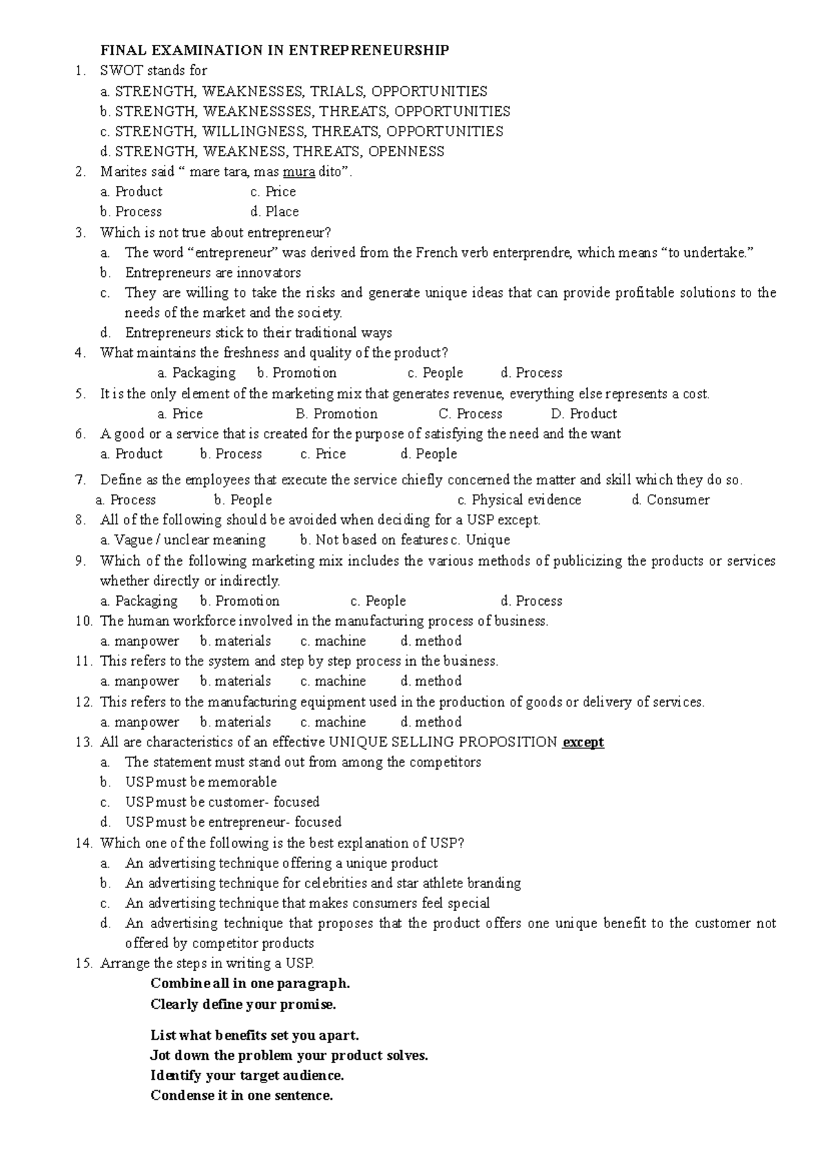 Final Examination IN Entrepreneurship - FINAL EXAMINATION IN ...