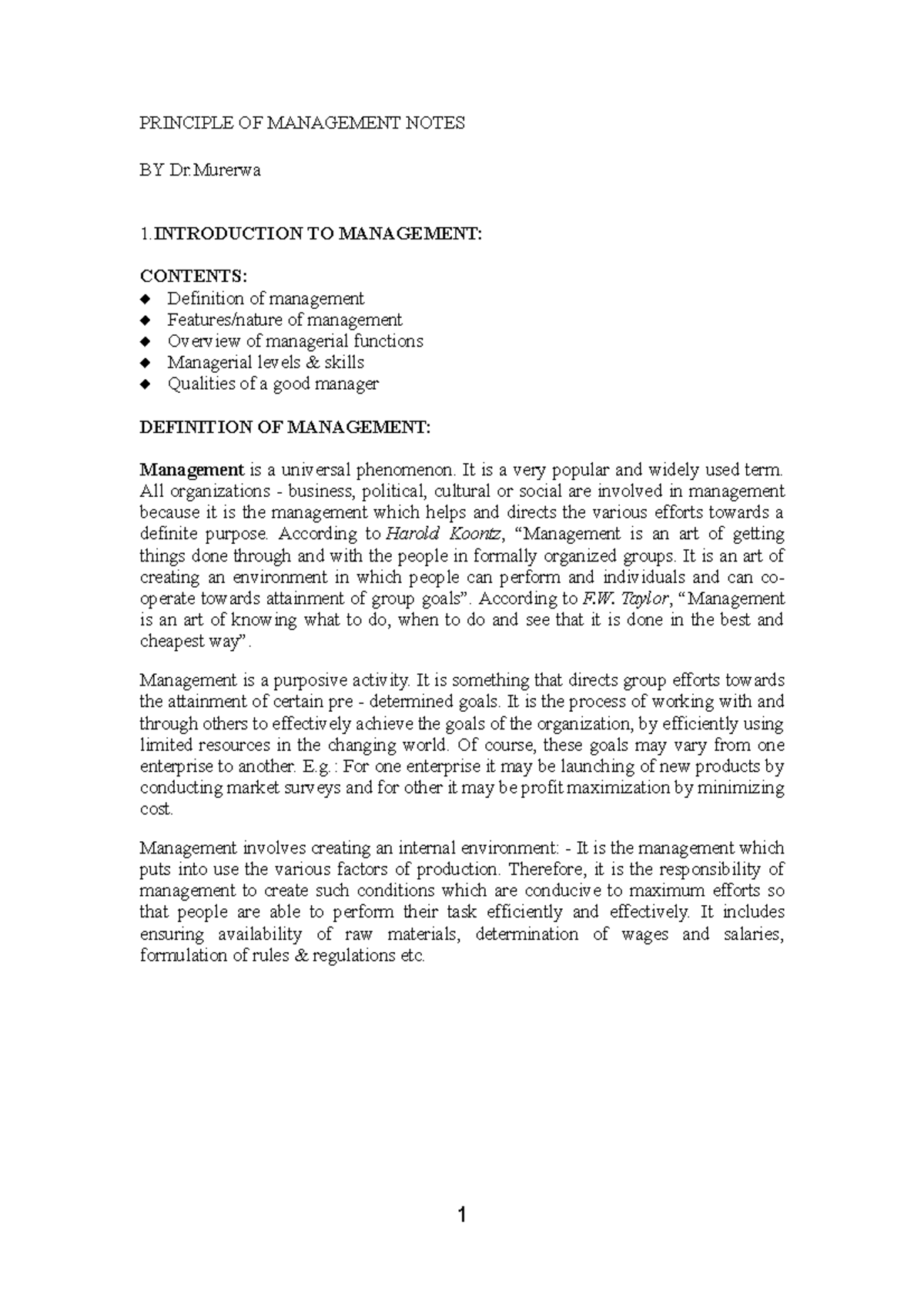 Management Notes copy - For students revision. - PRINCIPLE OF ...
