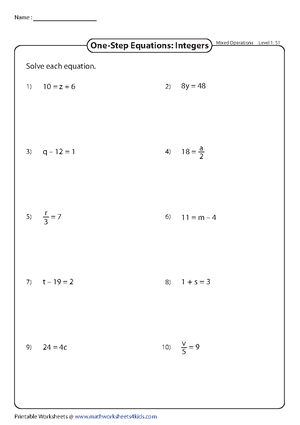 One-step equations integers - 3) q – 12 = 1 9) 24 = 4c Solve each equation.  7) t – 19 = 2 1) 10 = z - Studocu