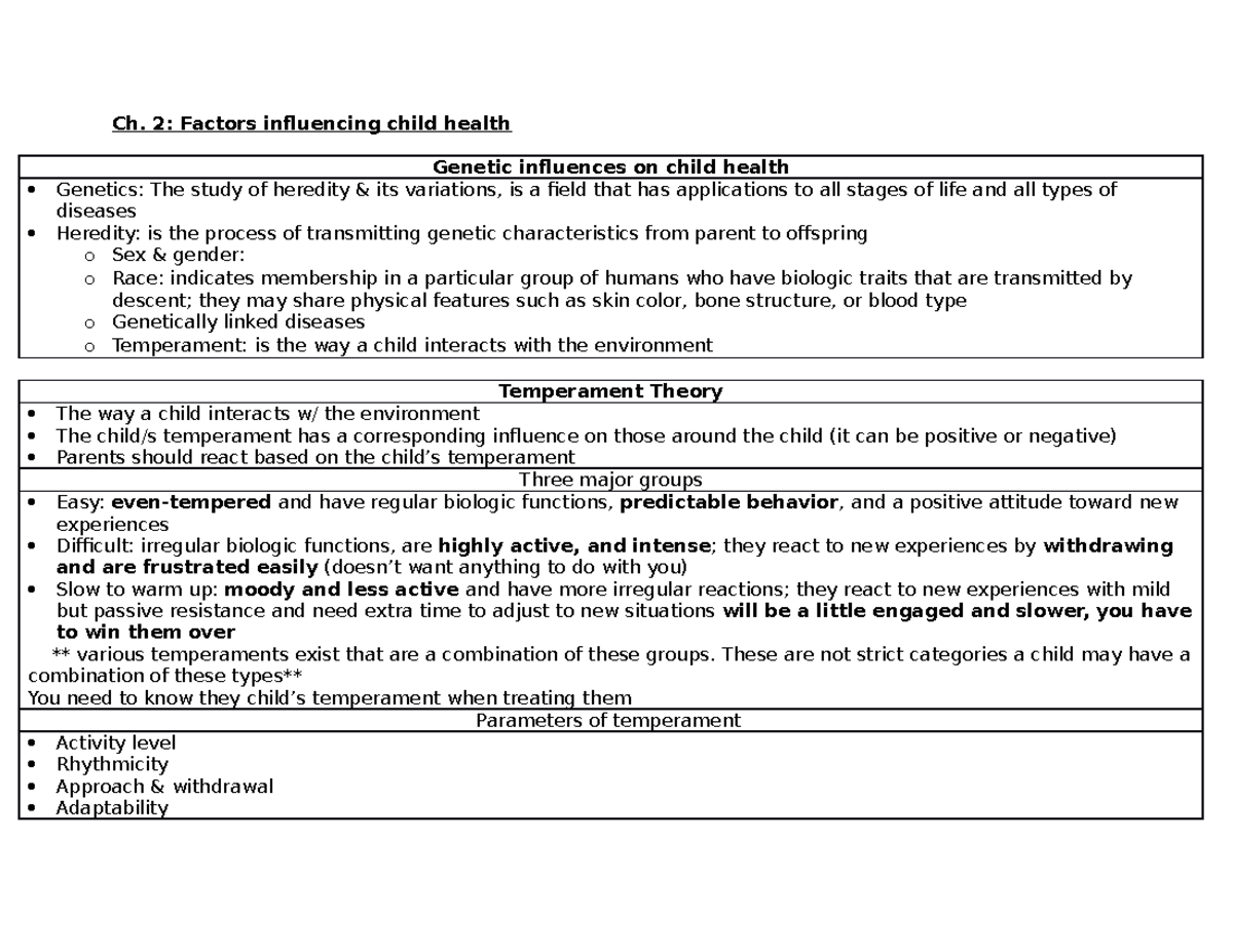 Peds Exam 1 - exam chapter notes - Ch. 2: Factors influencing child ...