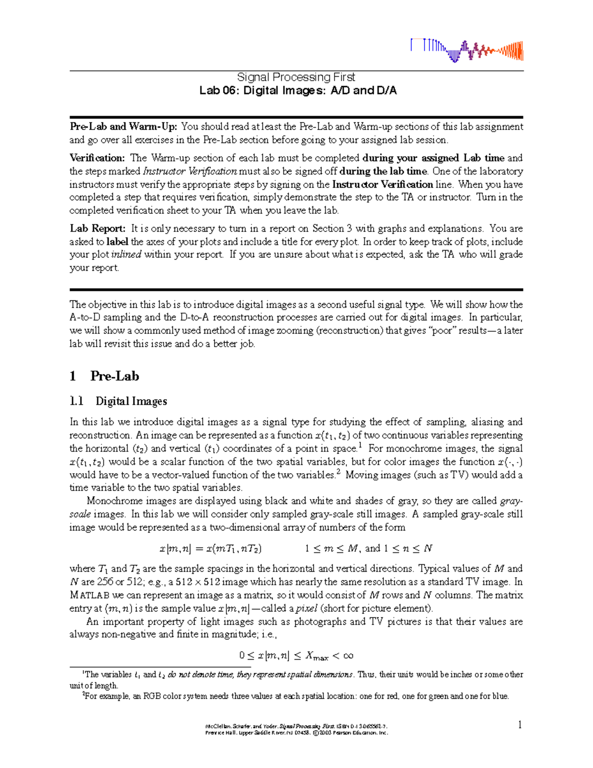 DSP Lab 3 - Lab 3 - Signal Processing First Lab 06: Digital Images: A/D ...