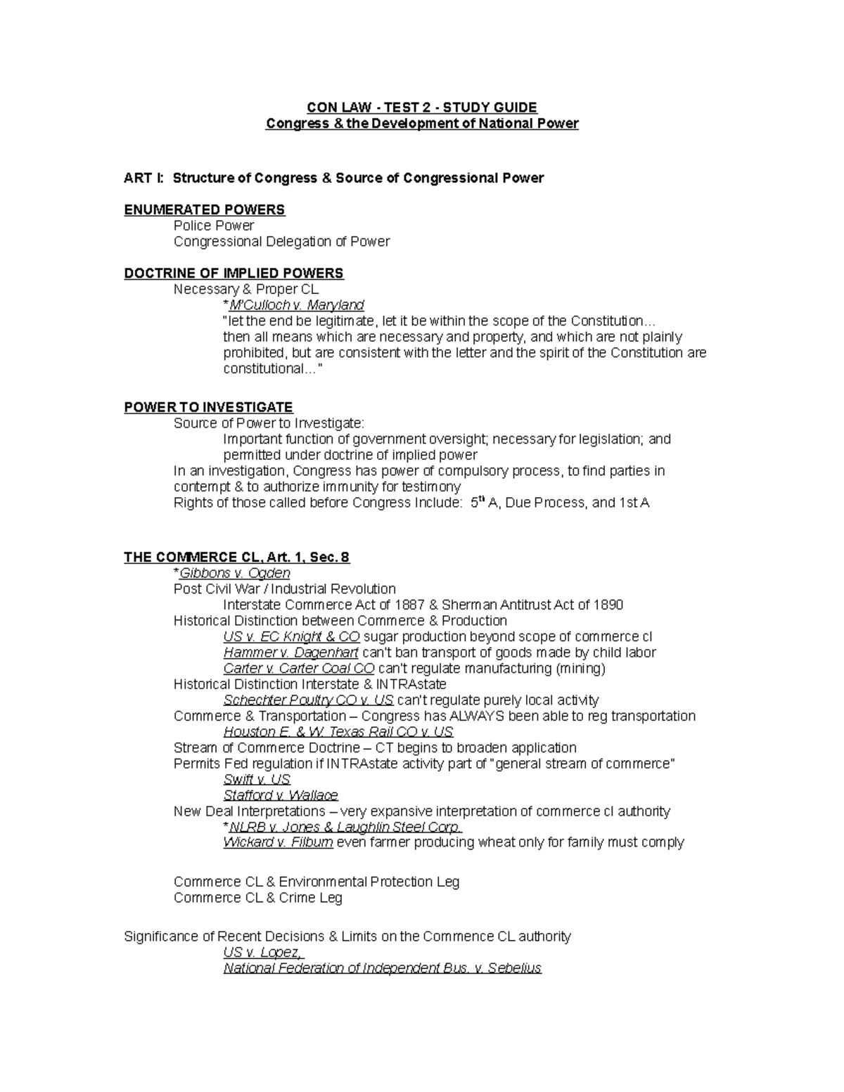 TEST 2 Review Congress CON LAW TEST 2 STUDY GUIDE Congress