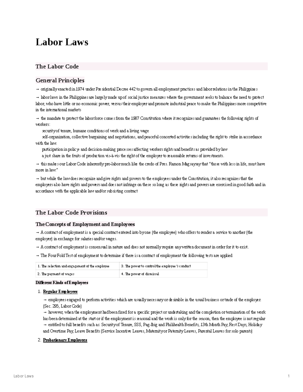 Labor Laws Notes - Labor Laws The Labor Code General Principles → ...