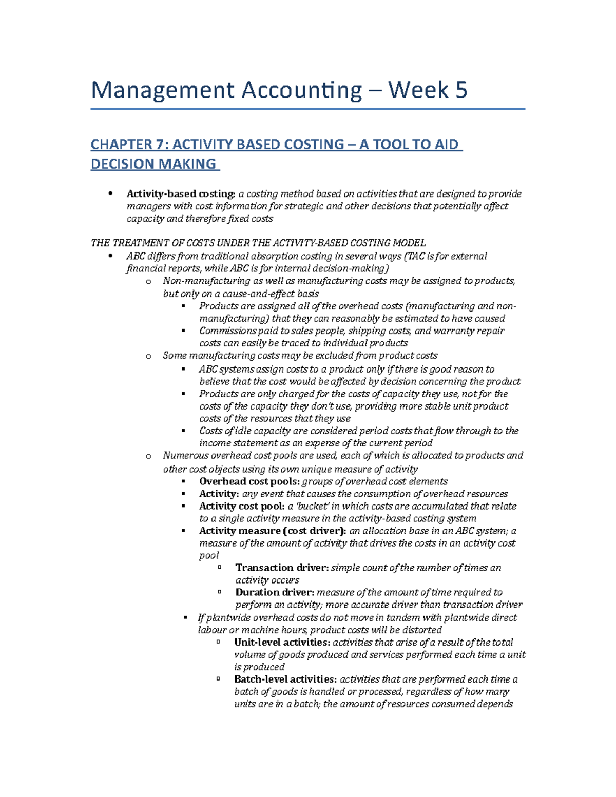 Week 5 (ACCT2230) - Summary Managerial Accounting - Management ...