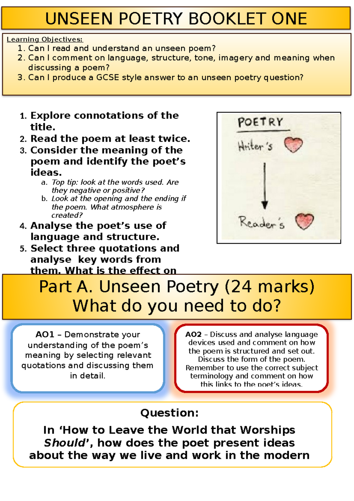 Y9 Unseen Poetry Booklet One How To Leave The World Like Worships 