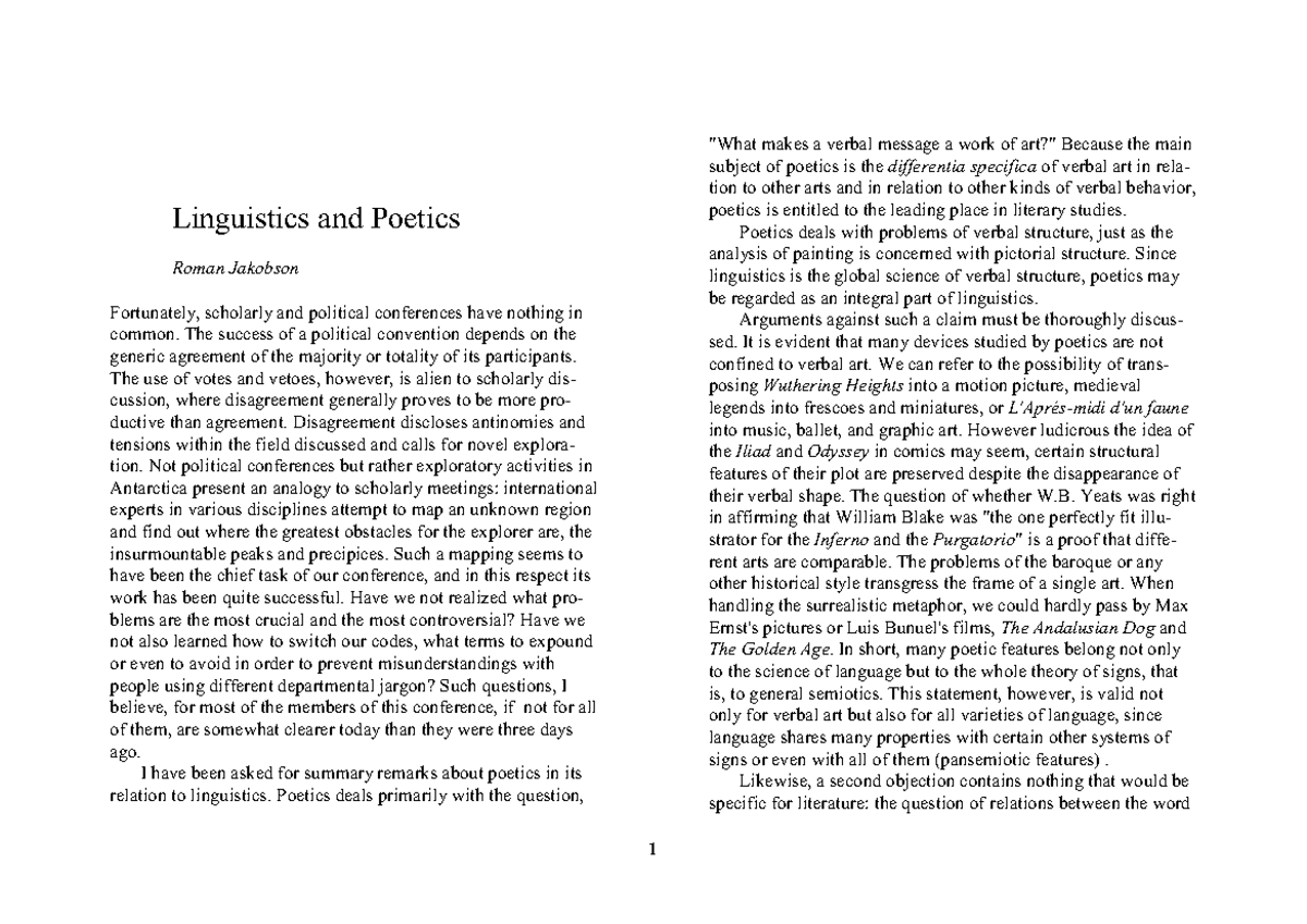 Jakobson 1960 Linguistics poetics - Linguistics and Poetics Roman ...