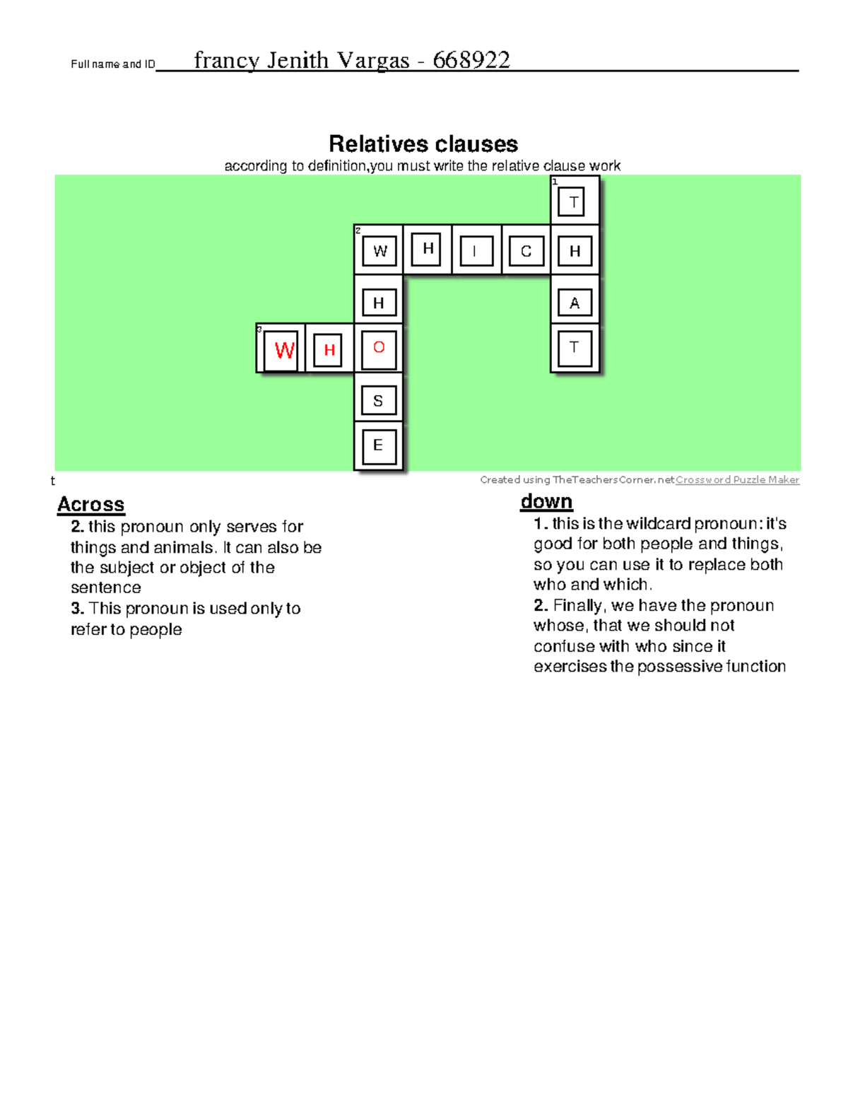 Crossword QUIZ Relative Clauses Full name and ID francy Jenith Vargas