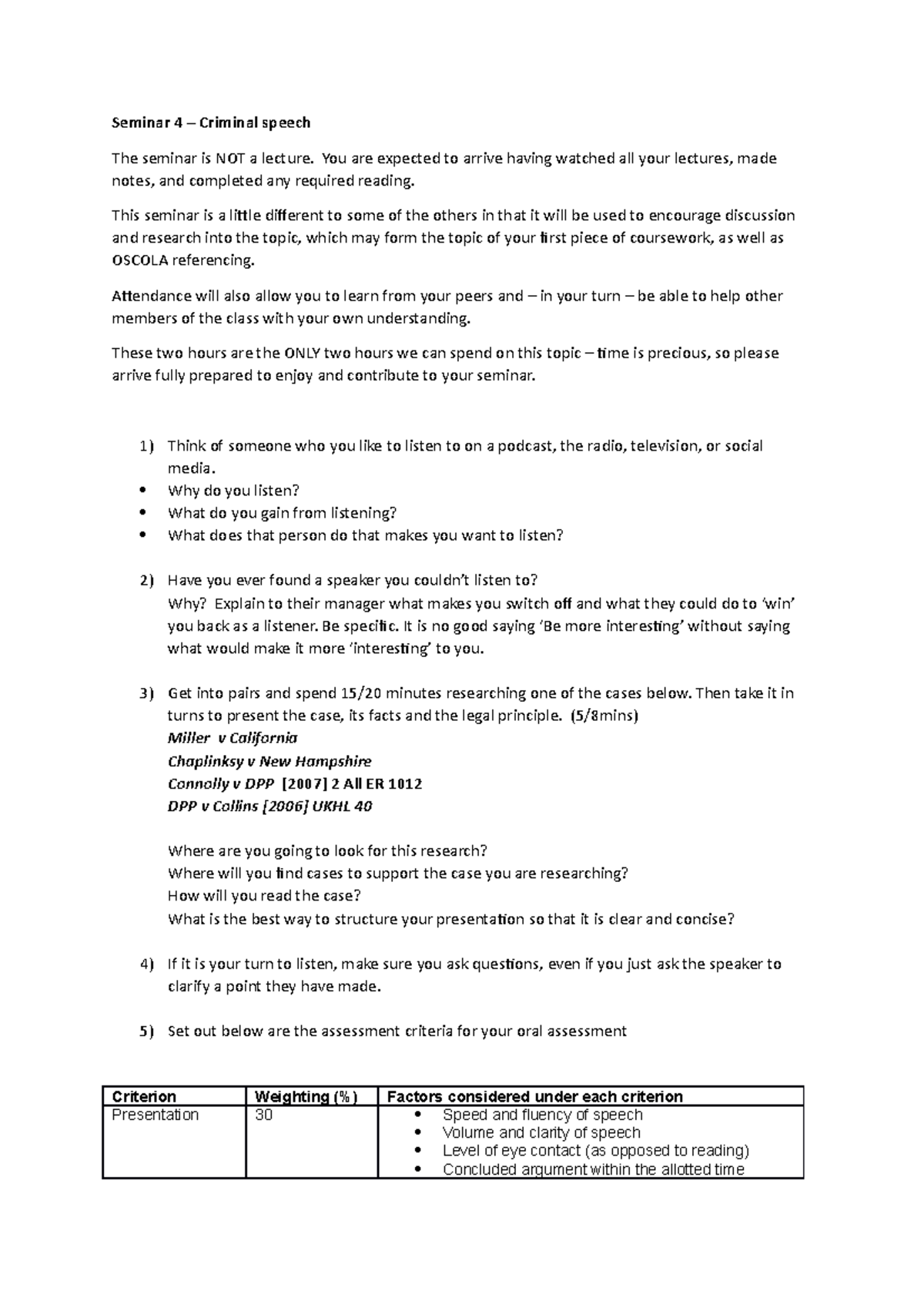 Seminar 4 - Criminal speech - Seminar 4 – Criminal speech The seminar ...