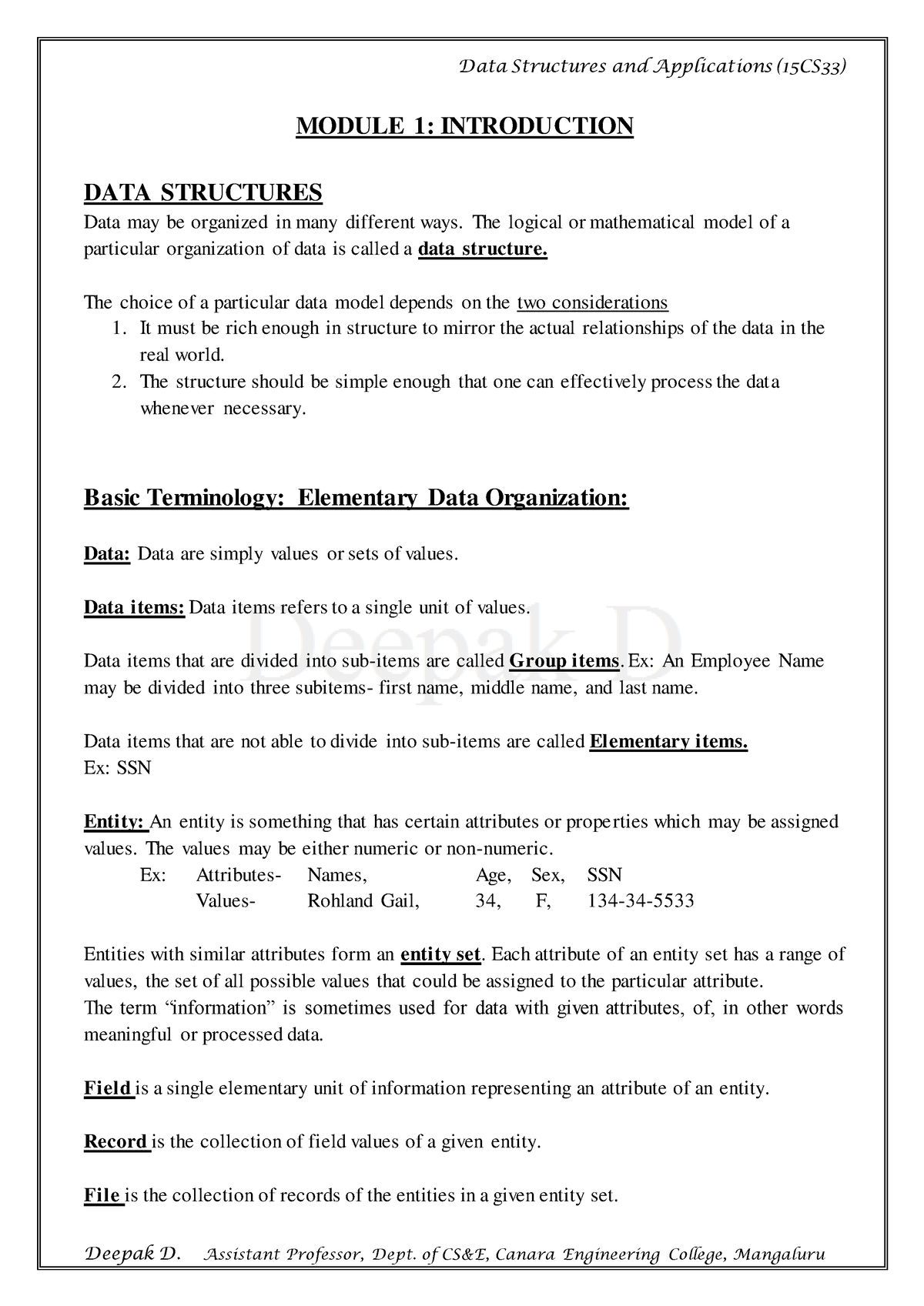 Module-1 - Nothing - MODULE 1: INTRODUCTION DATA STRUCTURES Data May Be ...