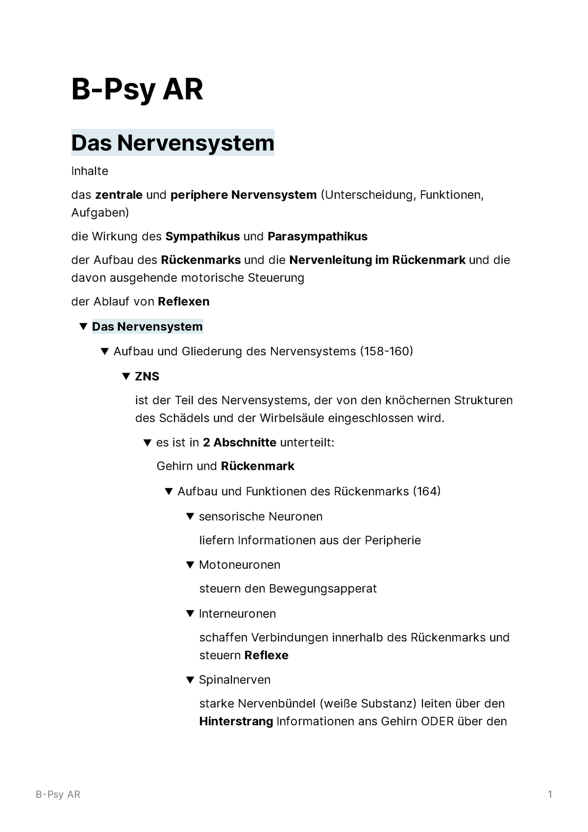 Zusammenfassung Für Allgemeine Und Biopsychologie B Psy Ar Das Nervensystem Inhalte Das