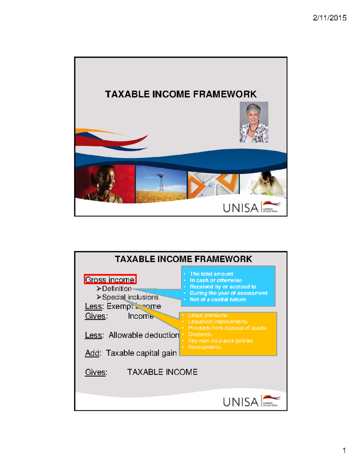 TAX2601 Taxable income framework slide handout - 2/11/ 1 TAXABLE INCOME ...