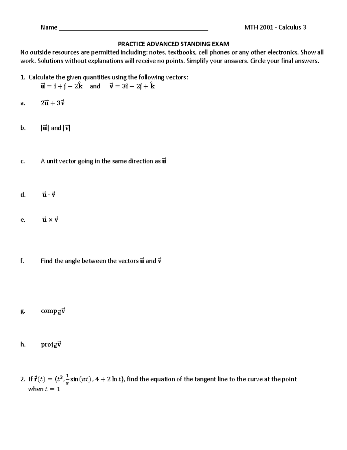 CALC3 Practice Advanced Standing Exam - Name