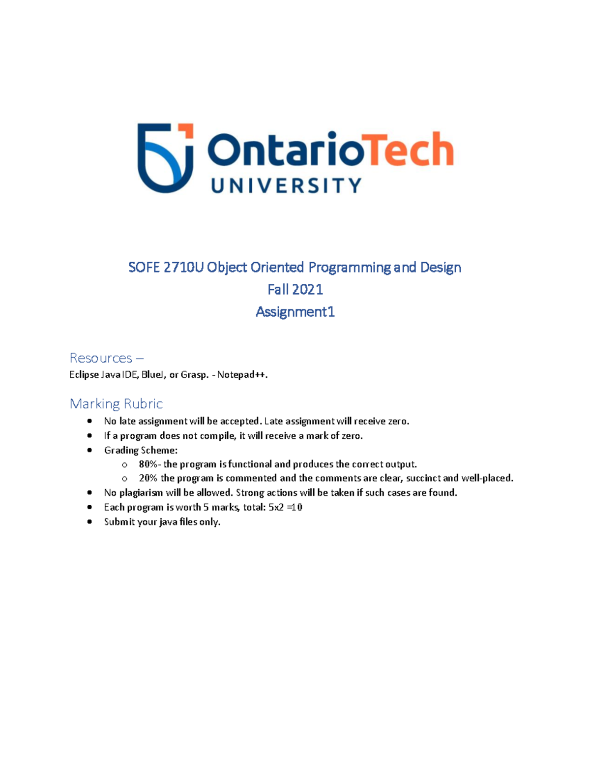 Assignment 1 - SOFE 2710U Object Oriented Programming and Design Fall ...