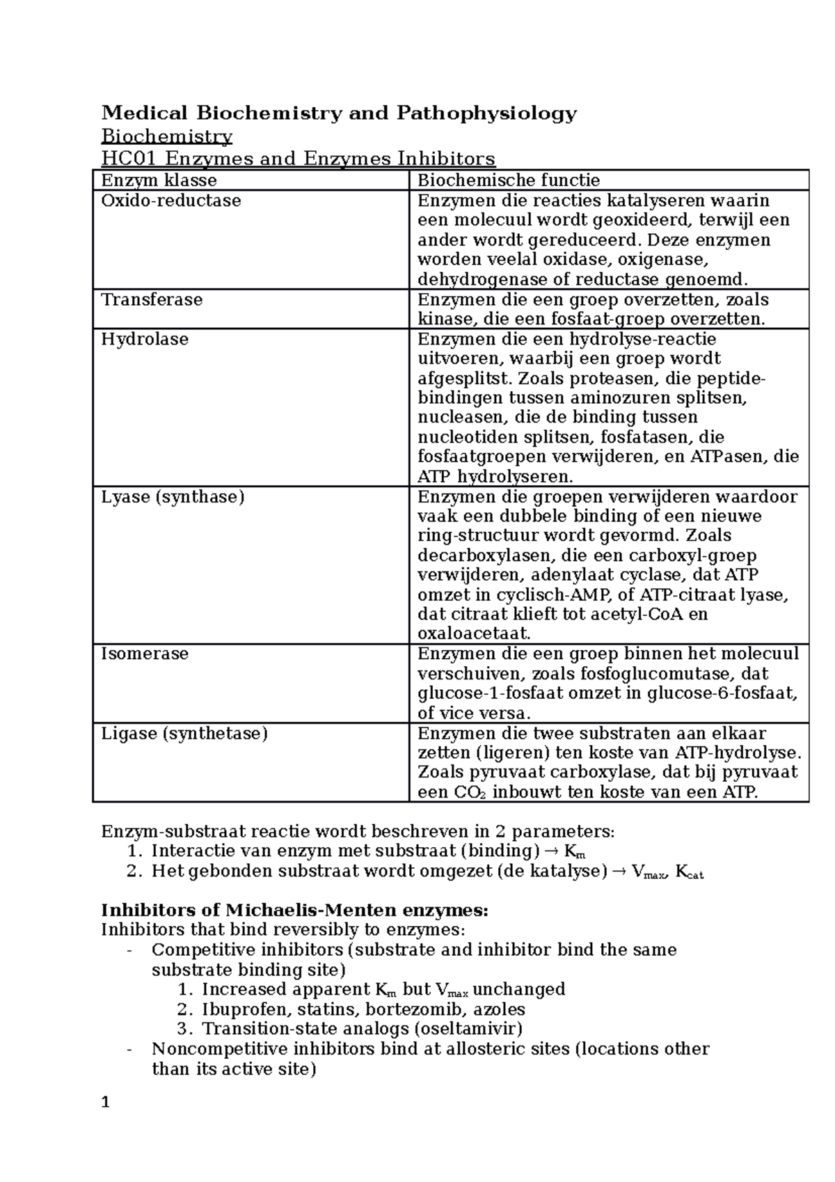 Medical Biochemistry Aantekeningen gemaakt tijdens de hoor en
