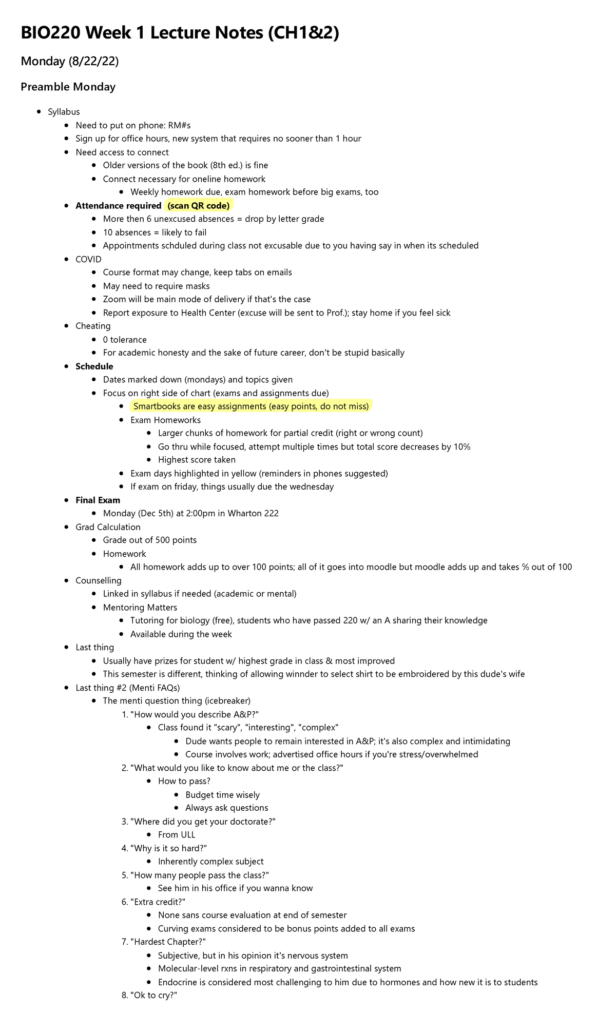 Week 1 BIO 220 (8-22-8-26) CH1CH2 - BIO220 Week 1 Lecture Notes (CH1&2 ...