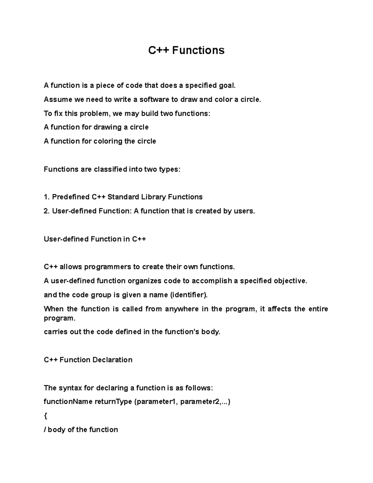 C++ intro for students - Information Technology - C++ Functions A ...