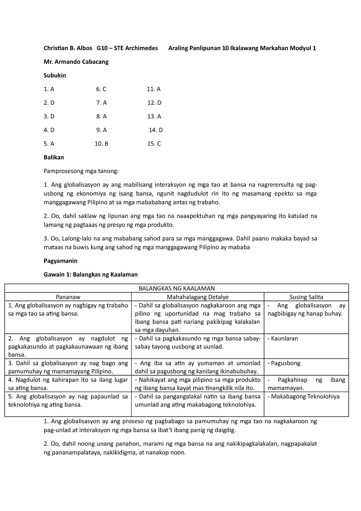 Aral-Pan Quarter 2 Module 1 - Christian B. Albos G10 – STE Archimedes ...